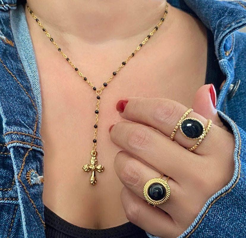 Blacks Dots & Gold Cross Lariat