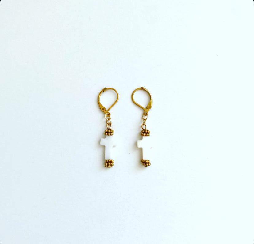 White Cross Earrings